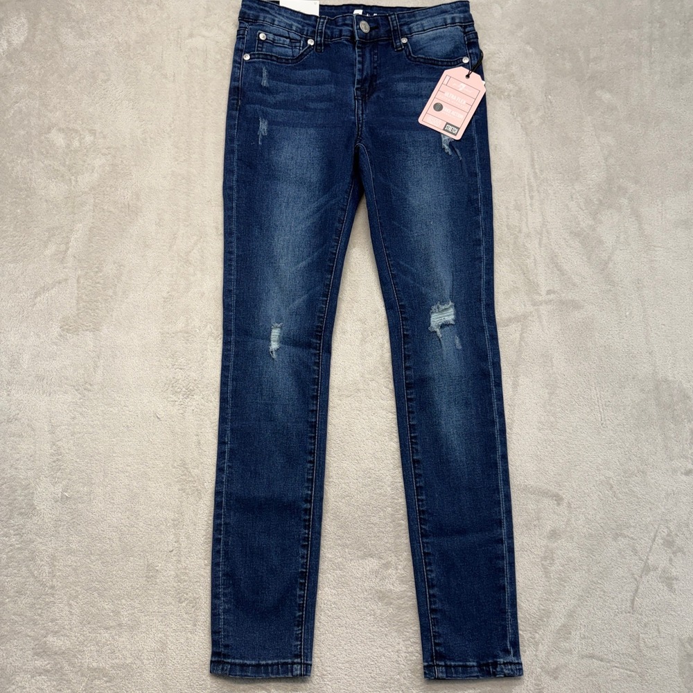 7 For All Mankind Jeans Girl's 12 Skinny Distressed Ultra Flex Dark Wash Denim‎